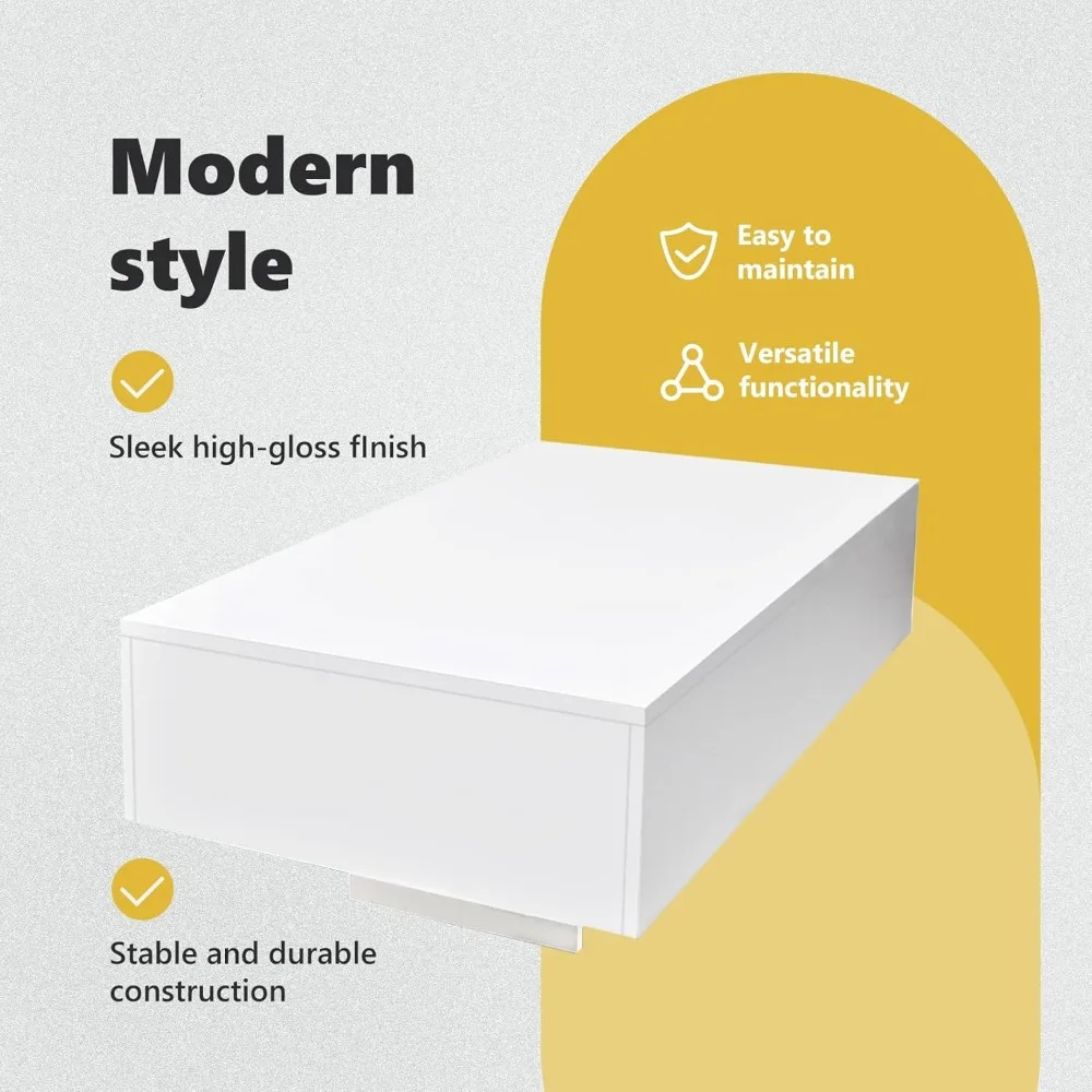 طاولة قهوة حديثة، طاولة مستطيلة لغرفة المعيشة، لمسة نهائية أنيقة شديدة اللمعان، 33.5 بوصة × 21.7 بوصة × 12.2 بوصة، أبيض #6