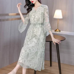 2024 Summer New Silk Flare Sleeves V-Neck Dress Women's Printed Loose Size Mesh Spliced Slim Knee Length A-line Long Dress