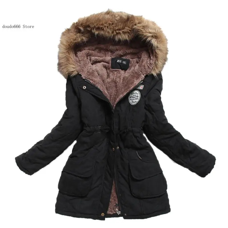 Women\\\'s Winter Cotton Coat Hooded Slim Fit Parker Cotton Coat Mid-Length Jacket Thickened Casual Jacket