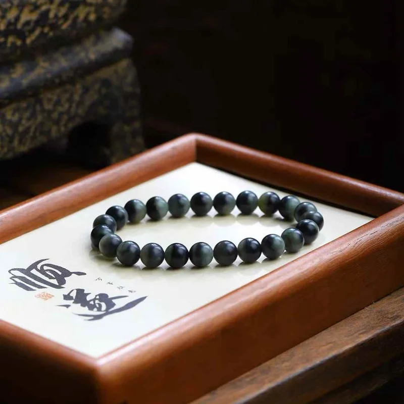 

Natural Hetian Jade Blue And White Old Material Simple Round Bead Bracelet With Certificate
