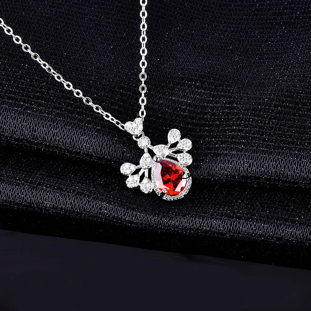 S925 Sterling Silver Peacock Open Screen Pendant Necklace Inlaid With Shiny Water Droplets Pear Shaped Ruby For Fashion Lovers