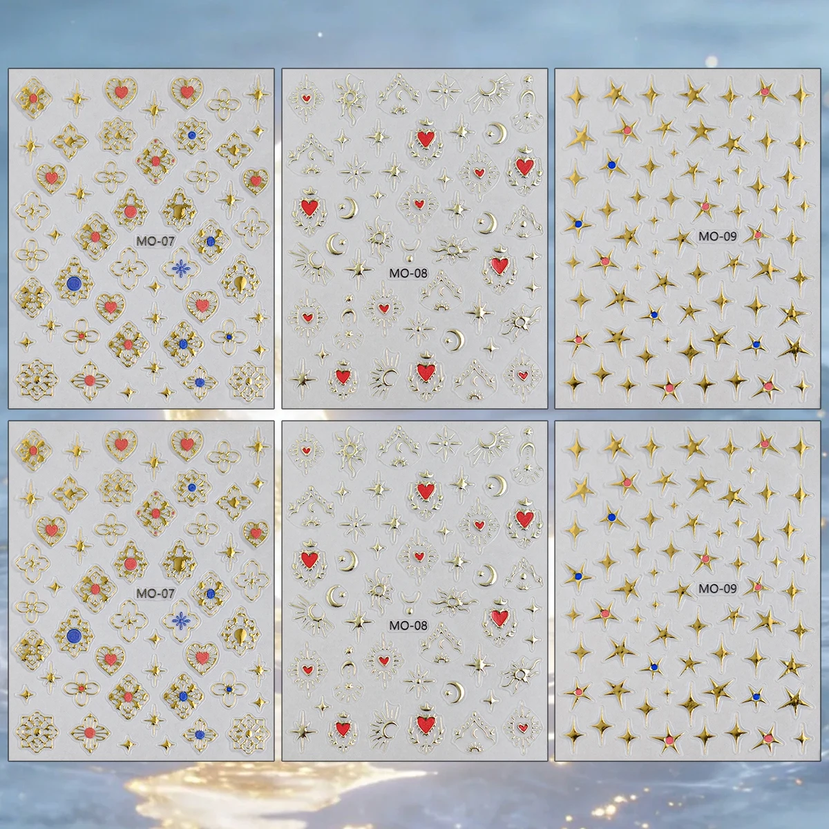 3 to 12 Sheets 5D Gold Celestial Nail Stickers Crystal Rhinestones Sun Moon Star Heart Baroque Self Adhesive Nail Art Decals