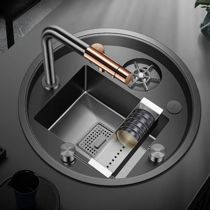 

Round Sink Black Nano 304 Stainless Steel Cup Washer Sink Nakajima Bar Invisible Vegetable Wash Basin