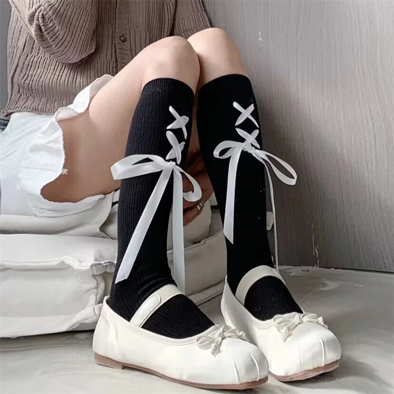 CHRONSTYLE Women Knee High Socks Cute Criss-Cross Tie-up Front Long Socks Kawaii Lolita Socks with Bow Knot Stockings Streetwear