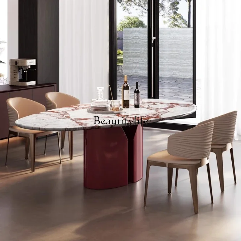 04Imported natural marble dining table, water drop-shaped high-end oval light luxury high-end red luxury stone dining table