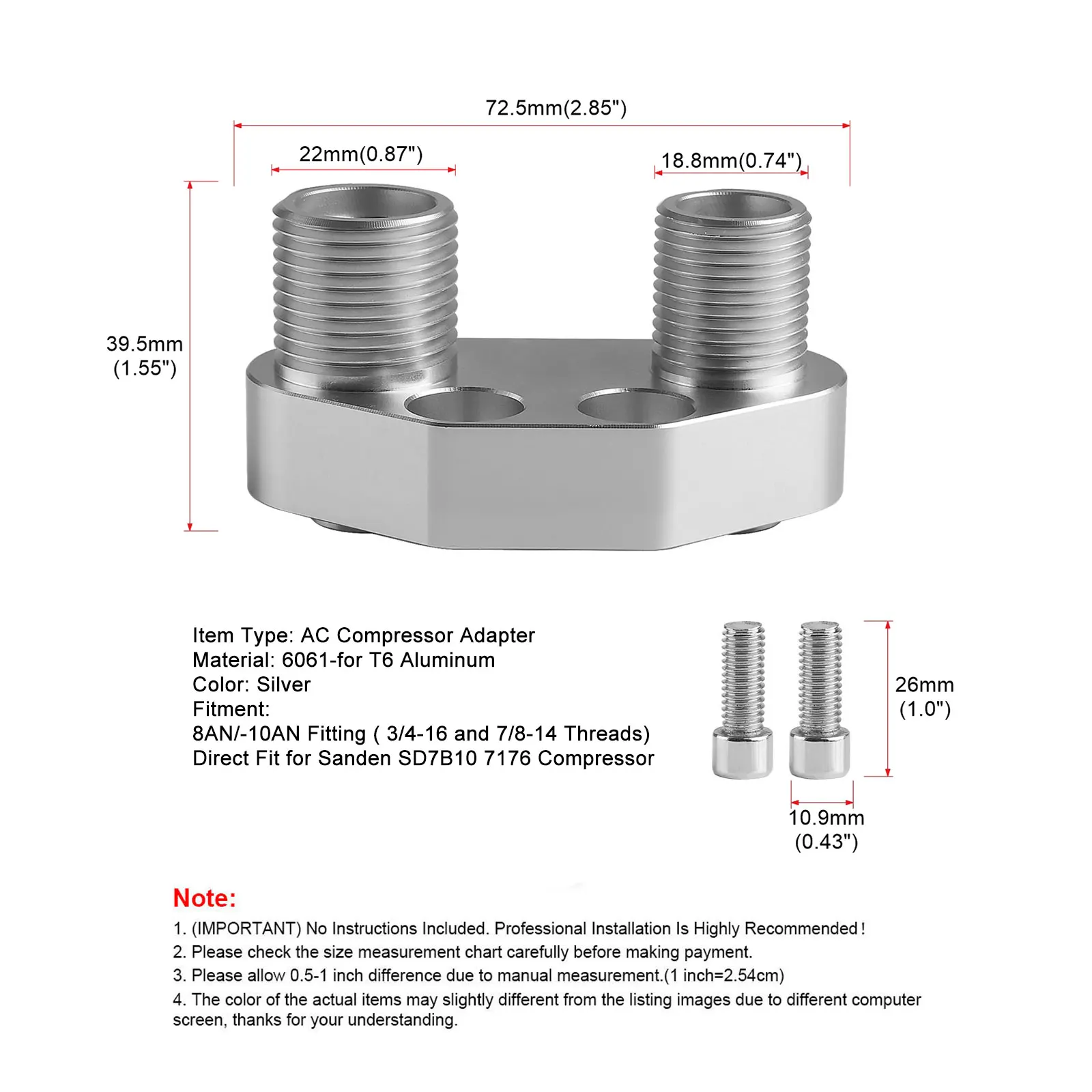 AC Compressor Adapter Fitting A/C Quick Connector Fittings 8/10AN T6 Aluminum Polished Finish Replacement for Sanden SD7B10 7176