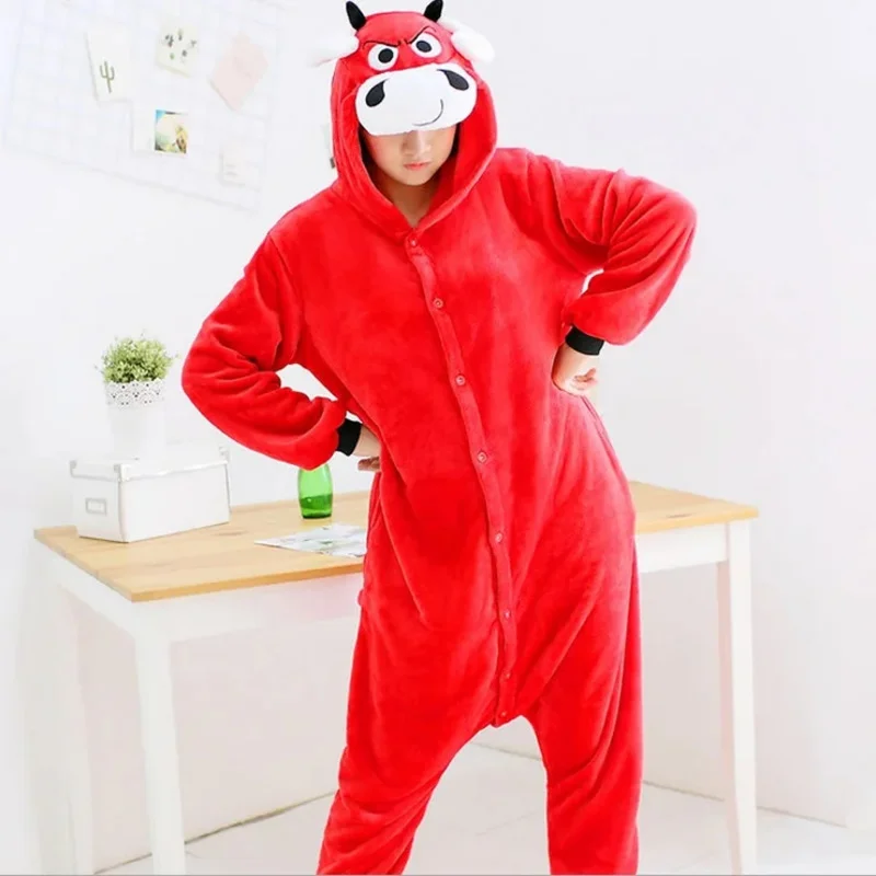 2025 New Kigurumi Winter New Red Bull Onesies Costume For Women Pyjama Pajamas Flannel Hooded Clothing Home Animal Onesie ☆ ☆ ☆