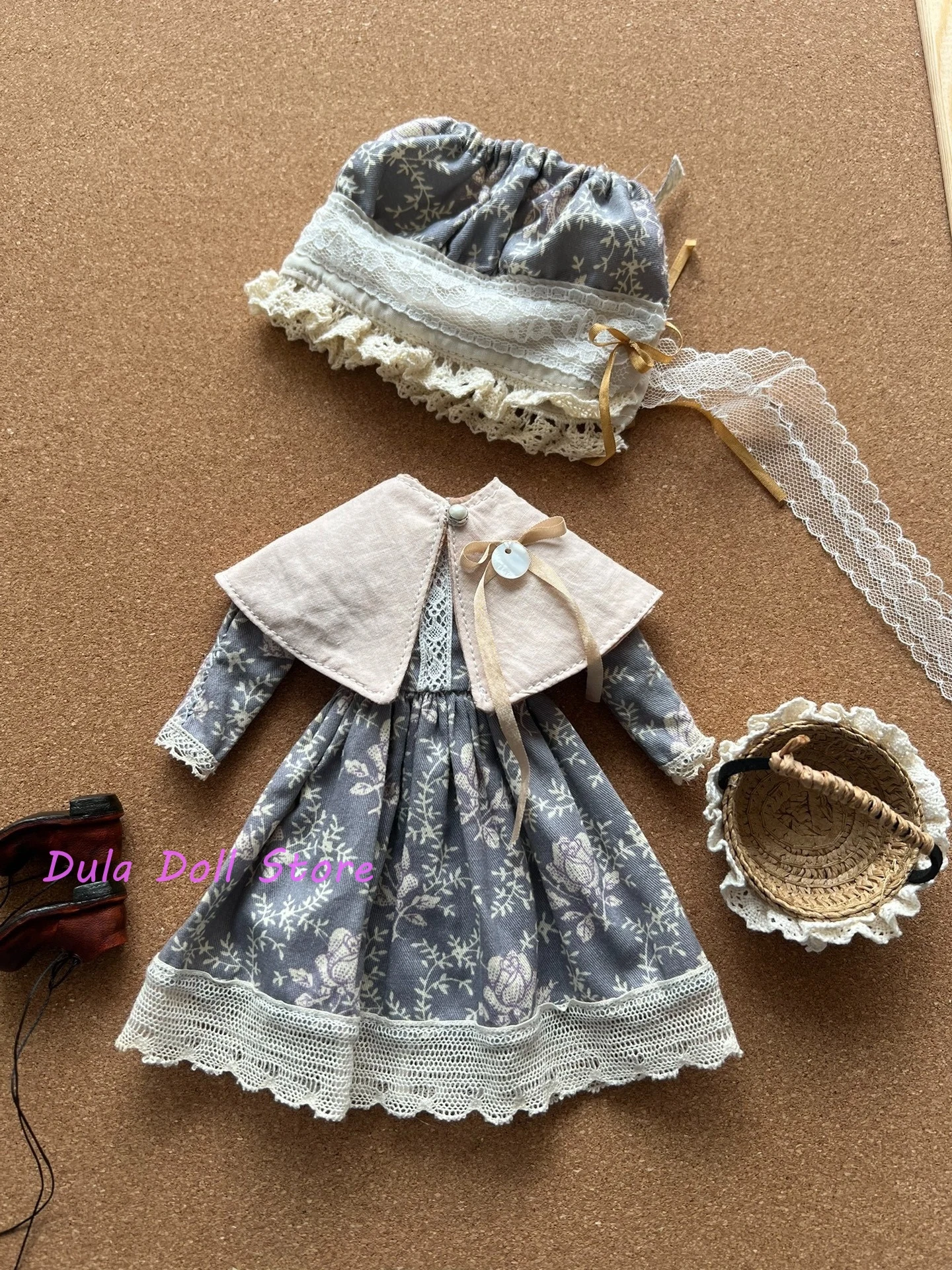 Dula Doll Clothes for Blythe Handmade French vintage blue floral dress ob24 ob22 Diandian Azone Licca 1/6 Bjd DollAccessories