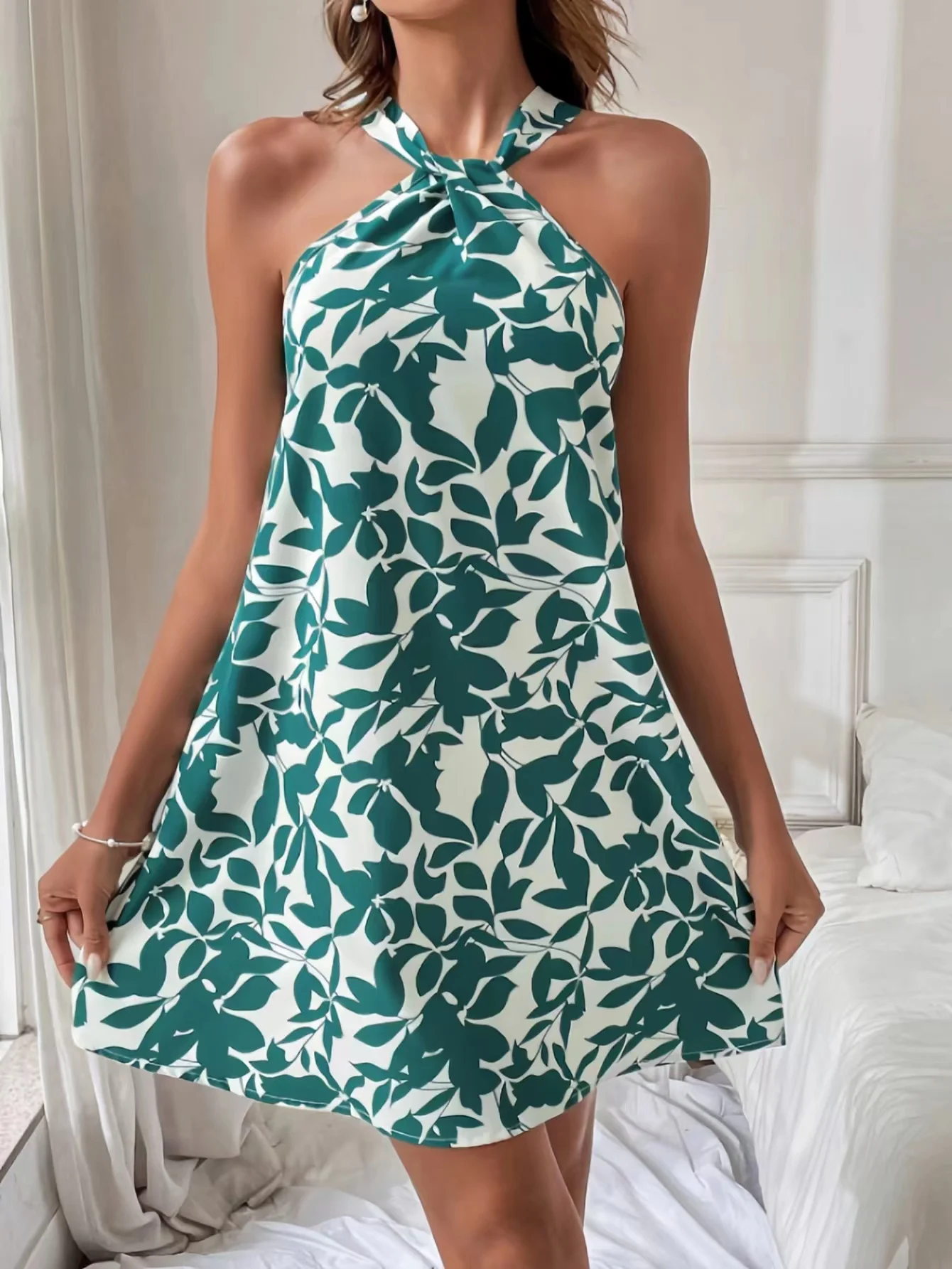 

Tropical Print Halter Neck Dress, Vacation Style Backless Dress For Spring & Summer, Women's Clothing