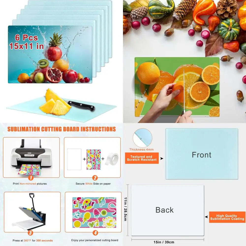 

6 Pack Tempered Glass Sublimation Cutting Boards, 15x11 Inch Non-Slip Chopping Boards for Kitchen Use
