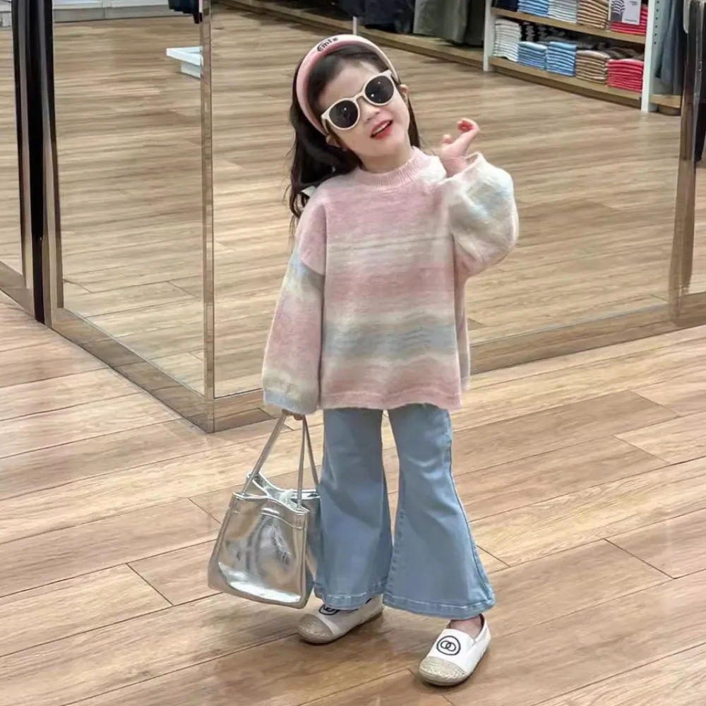 

Girls Set Korea Style 2024 Spring New Multicolored Sweater Jeans Bell Bottoms Two Piece Baby Fashion Kids Spring Clothes