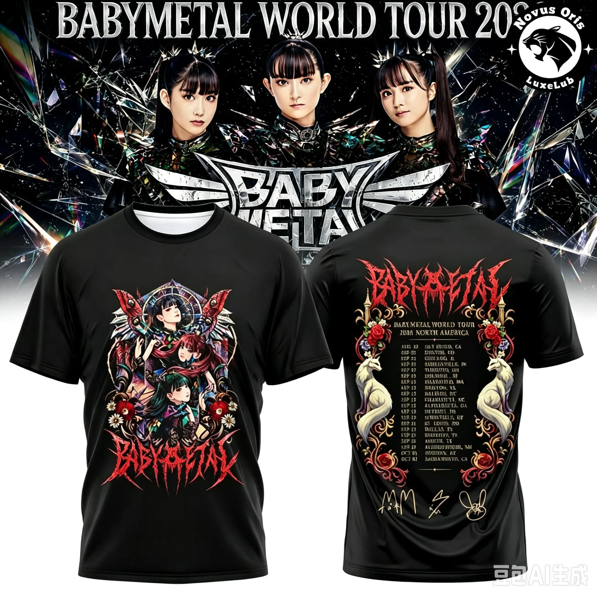 Herren Babymetal World Tour T-Shirt Schwarz mit Glasbruch-Vollprint, Kurzarm, Heavy-Metal-Konzert-Fan-Oberteil, Familien-Partnerlook – Detail 3