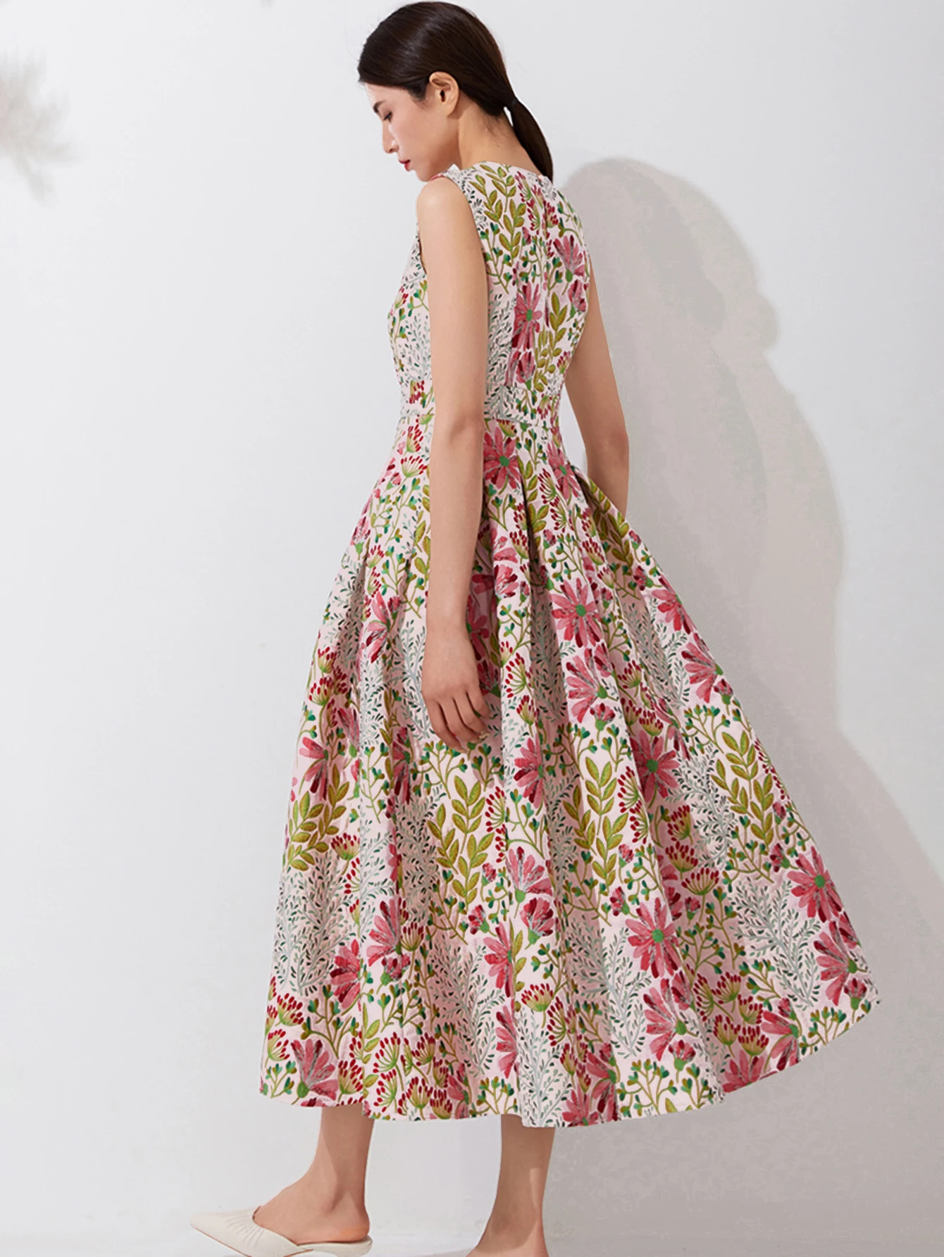 여성용 빈티지 민소매 긴 맥시 원피스, 우아한 여성 보호 자카드 꽃 탱크 파티 드레스, 슬림 베스티도, 여름