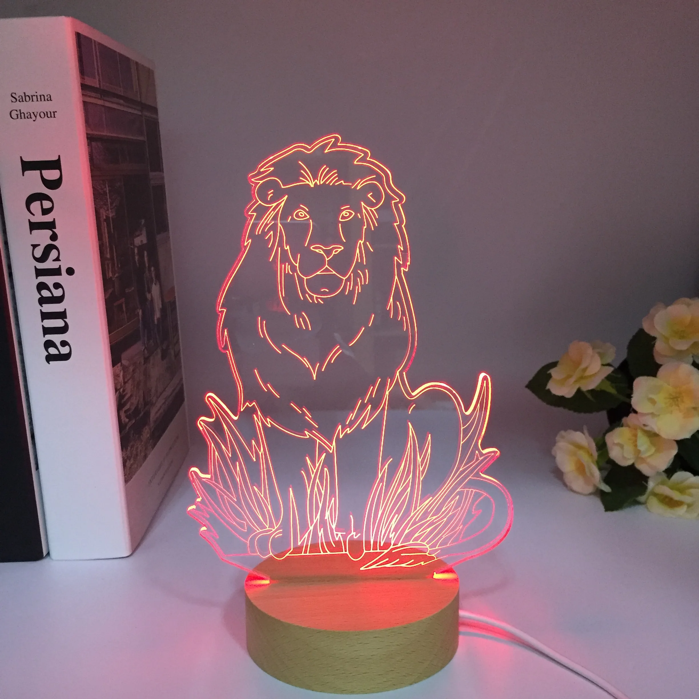 Colorful Lion Animal 3D Lamp Creative Desktop Bedroom Night Light LED Acrylic Wooden Table Lamp Birthday Xmas Gifts Room Decor