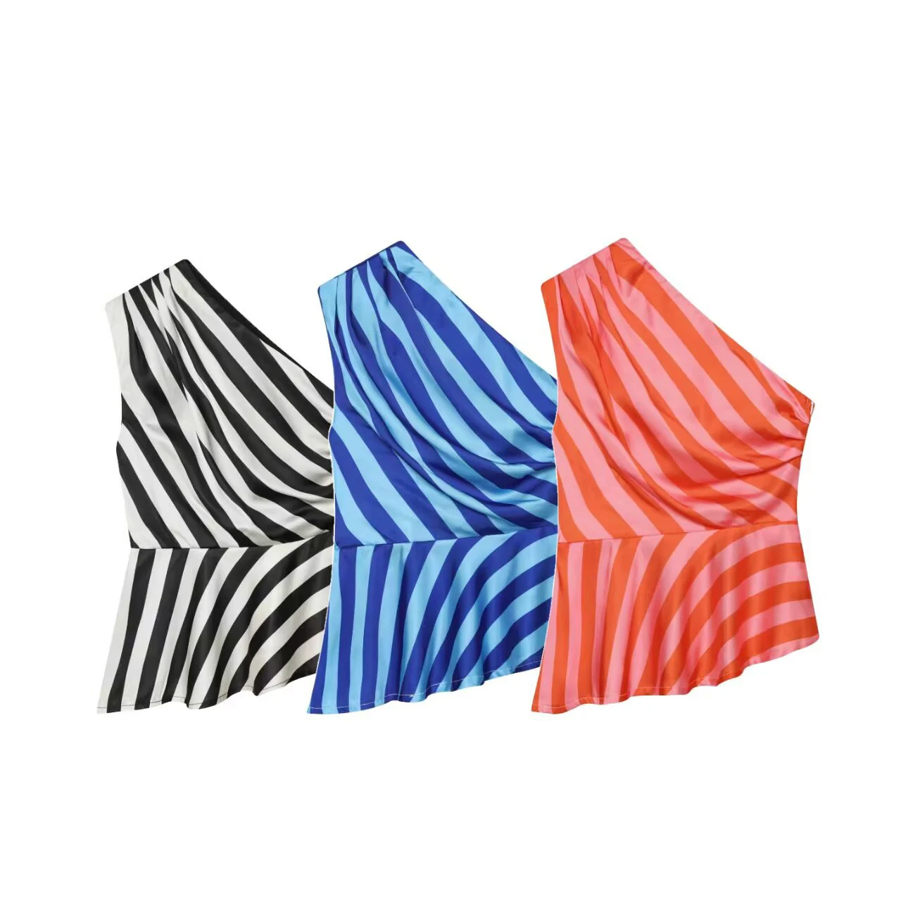 DEEABAE Summer new women's fashion casual temperament, asymmetrical striped single shoulder top with waist closure