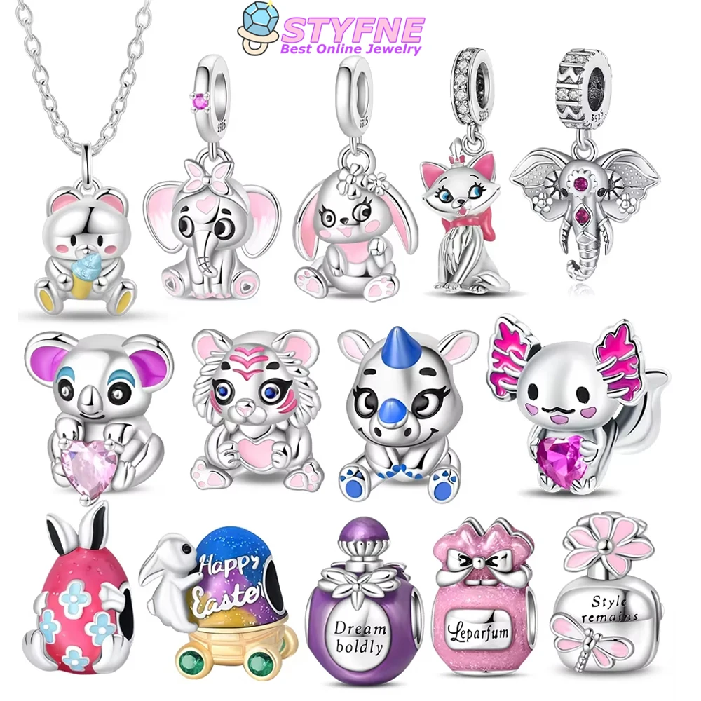 Original 925 Silver Plated Elephant Rabbit Koala Tiger Easter Egg Animal Beads Fit Bag Charms Bracelet Jewelry Gifts for Women
