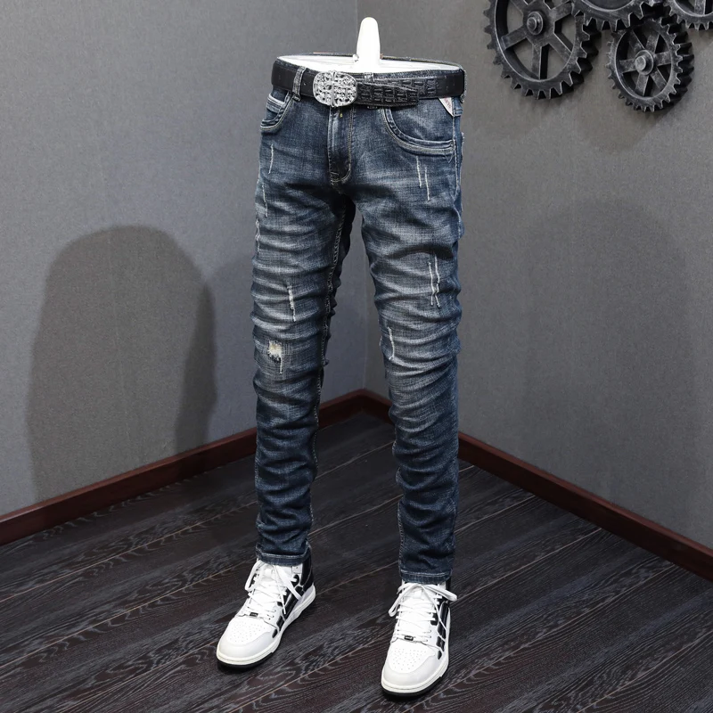 Fashion Designer Men Jeans High Quality Retro Black Blue Elastic Slim Fit Ripped Jeans Men Italian Style Vintage Denim Pants