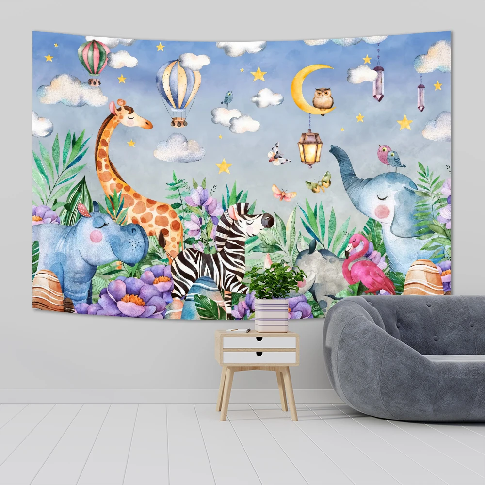 Watercolor Baby Animal Wall Mural Tapestries Lovely Hanging Carpets Sofa Blanket Kids Bedroom Decorations