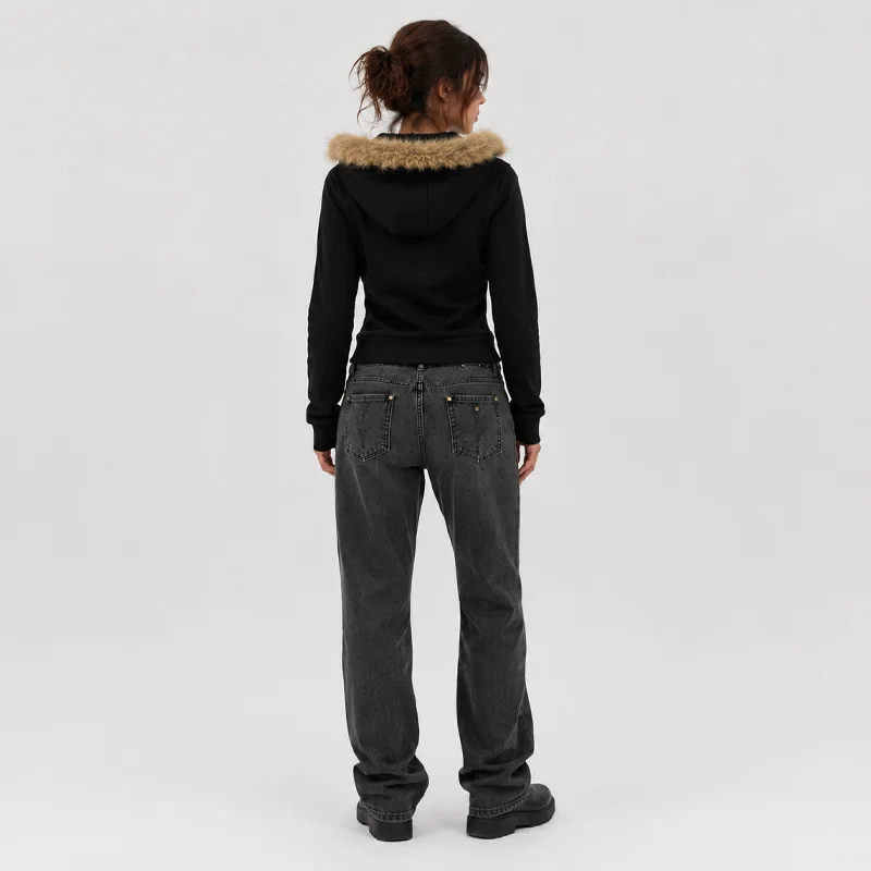 Women's Hoodies and Sweatshirts Faux Fur Trim Zip Up Hoodie Studded Long Sleeve Y2K Black Gray Winter Streetwear Jacket
