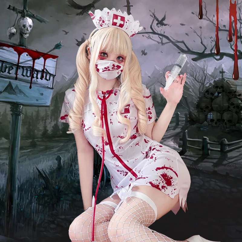 Disfraz Sexy de Halloween para adultos y niñas, vestido de enfermera María, vestido de enfermera de Doctor zombi sangriento de terror, vestido de actuación en escenario para mujer