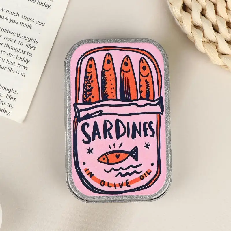 1Pcs Portable Tin Case Mini Metal Box Cute Sardine Print Tin Box Small Pill Case Travel Jewelry Storage Case Desk