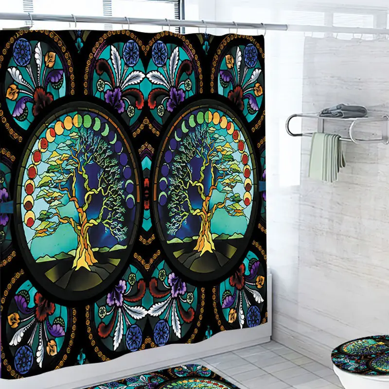 1/4PCS Mandala Boho Shower Curtain Set With Rugs Floral Butterfly Geometric Print Fabric Shower Curtain Liner Non-slip Carpet