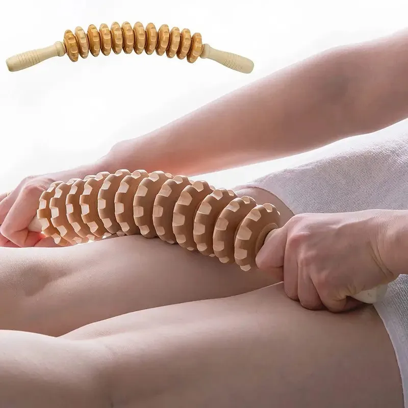 9 Rollers Curved Massager Handheld Stick Wooden Lymphatic Drainage Massage Tools for Anti-cellulit, Body Muscle Pain Relief