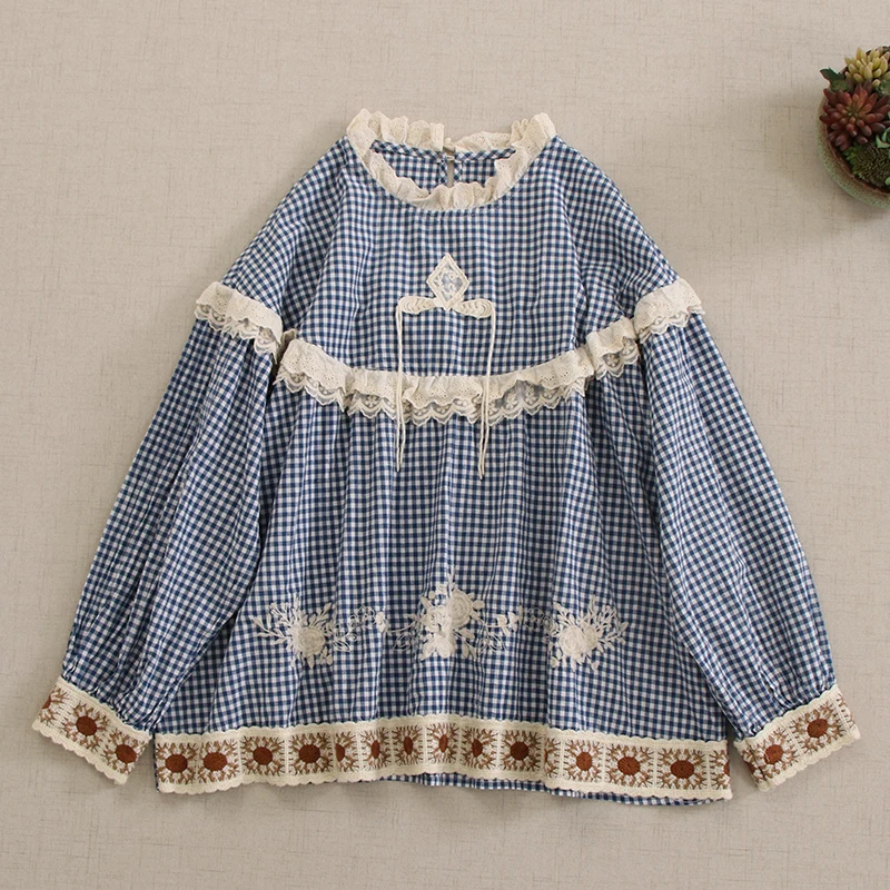 Spring Autumn Vintage Mori Girl Plaid Embroidery Patchwork Shirts Women Japan Style Stand Collar Long Sleeve Casual Loose Tops