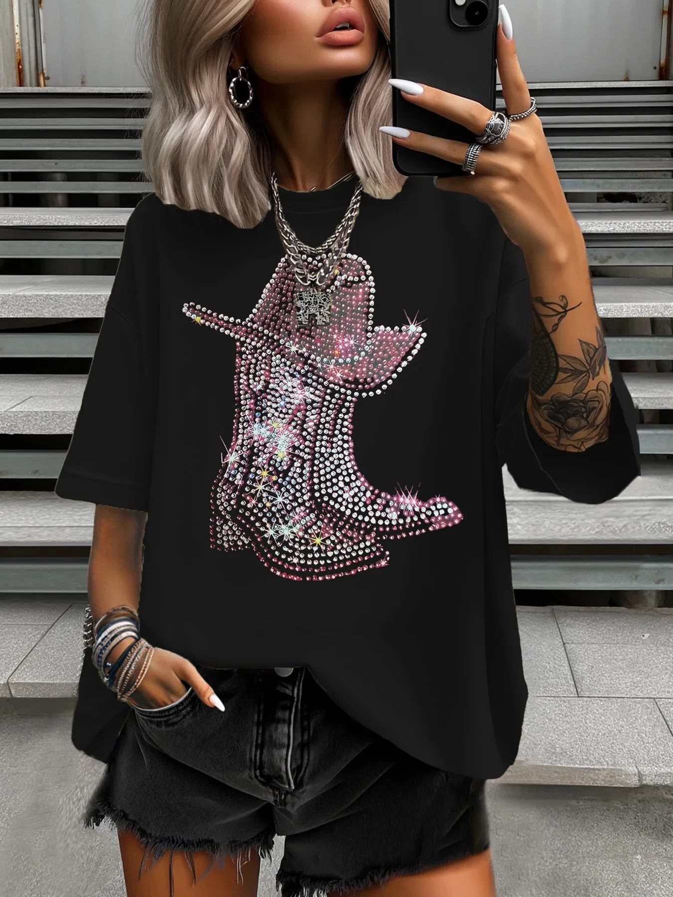 

Summer Women's Plus Size T-Shirt Original Design Fashion Pink Diamond Pattern Print Women's Casual Round Neck Short Sleeved Tops