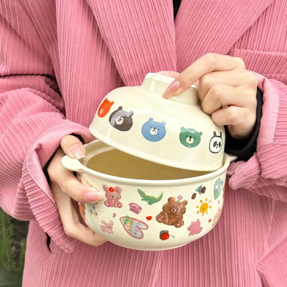 Lovely Bear Ceramic Instant Noodles Bowl High Beauty Retro Cream Large Capacity Bowl with Lid Student Dormitory 650ml