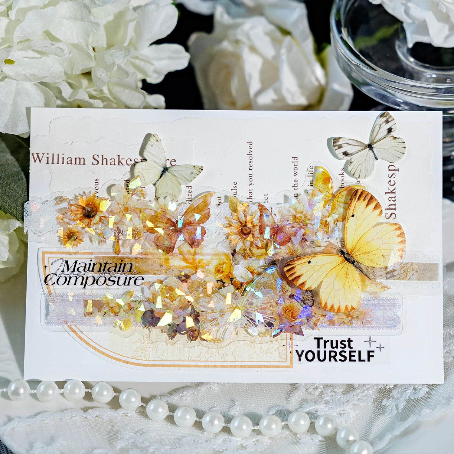 Flower Butterfly Theme Shell Light Lace Edge PET Sticker Pack DIY Handmade Material Scrap Book Decoration Aesthetics Stationery