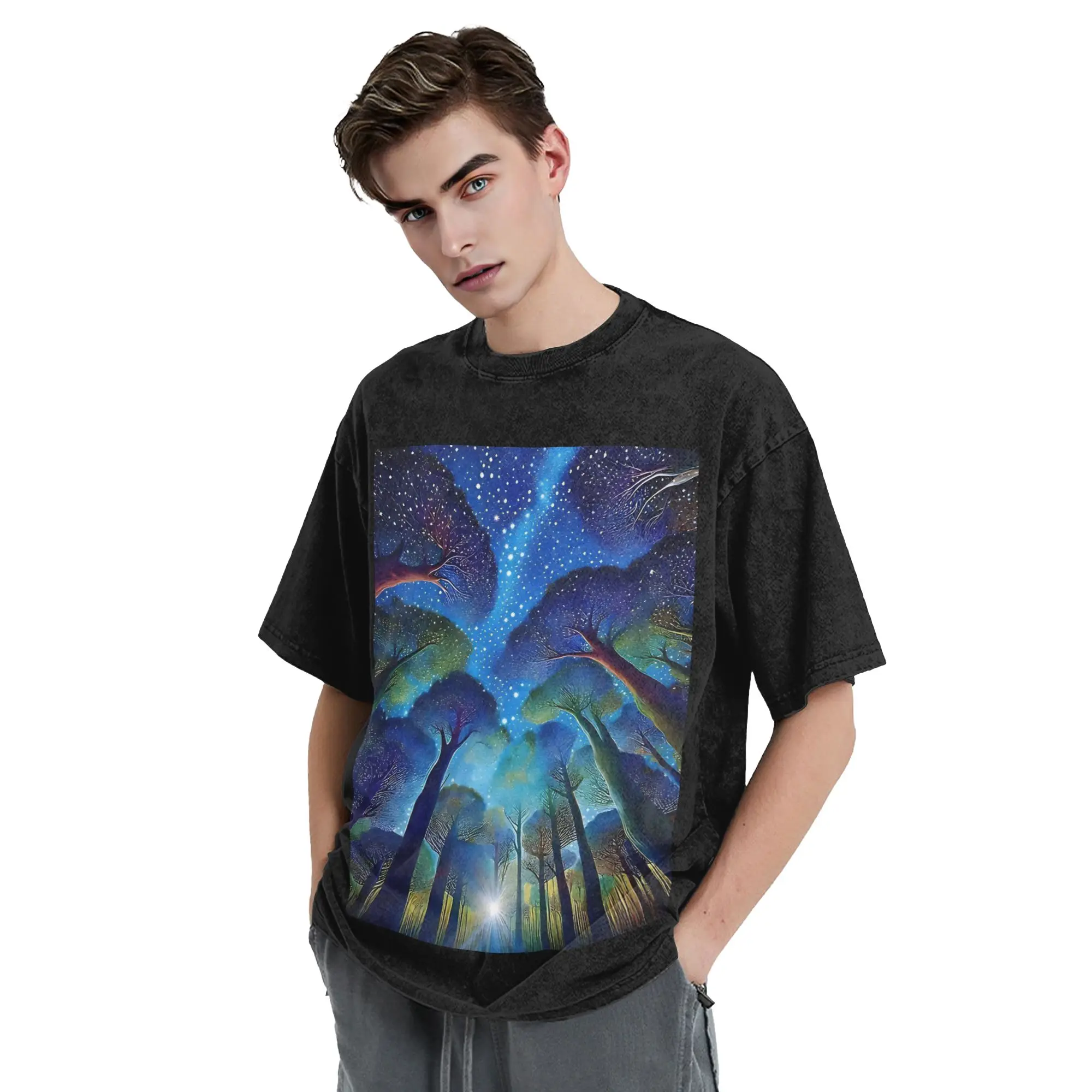 Washed T Shirt Yayoi Kusama Starry Night Forest Hip Hop Vintage T-Shirts Street  Streetwear Summer Tops Tees for Men Women