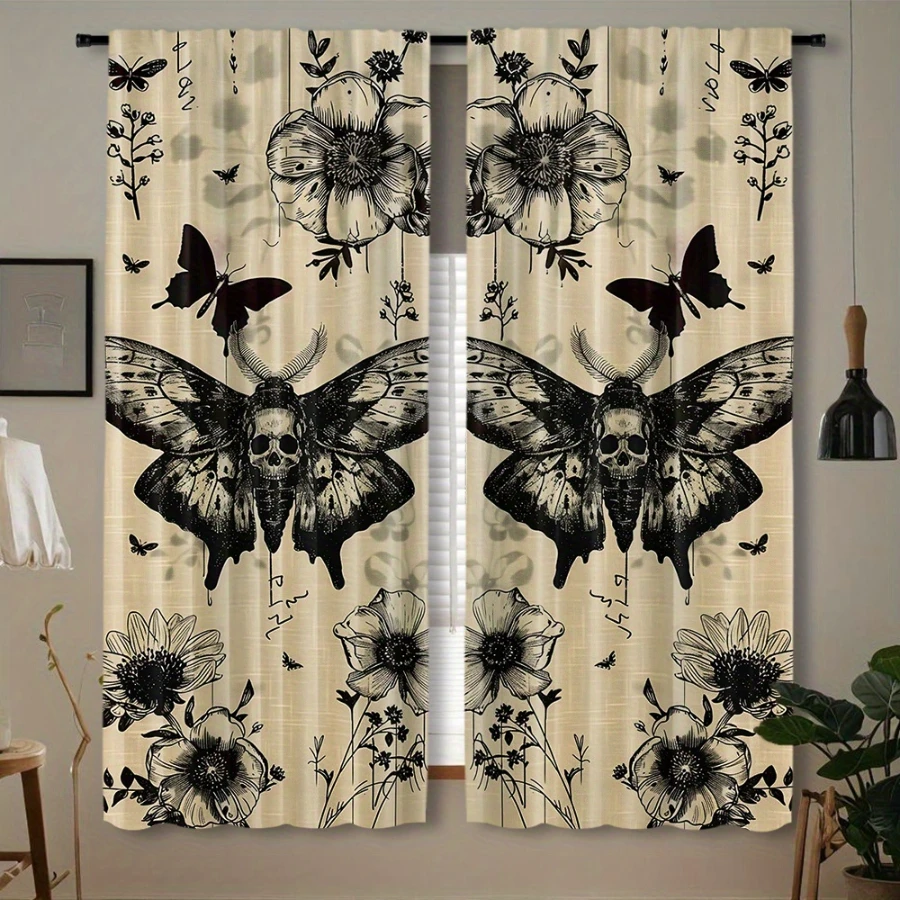 2 Stück Digital Bedruckte Vorhänge, Kunstvolles Hexen-Wald-Muster, Gotischer Halloween-Stil Stangenvorhänge für Schlafzimmer Wohnzimmer Dekoration