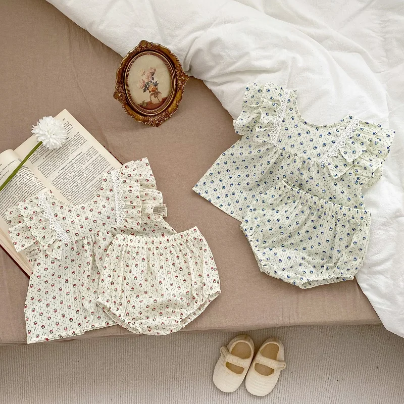 

2023 Summer Baby Girl Flower Clothes Set 0-3Years Newborn Ruffles Sleeve Cotton Shirt Tops+PP Shorts Bloomer 2PCS INS Outfits