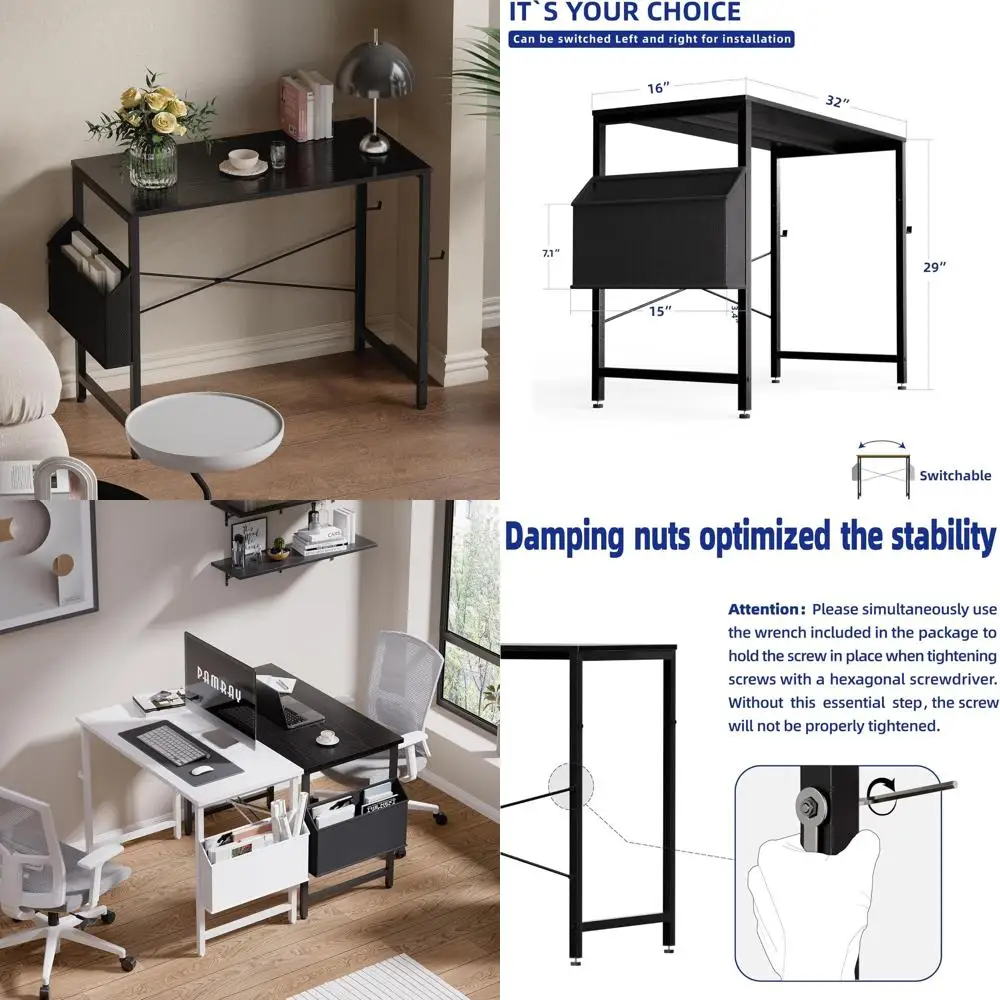 

32 Inch Computer Desk or Small Spaces with Storage Bag, Home Oice Work Desk with pe Hook, Small Oice Desk Study Writing Table