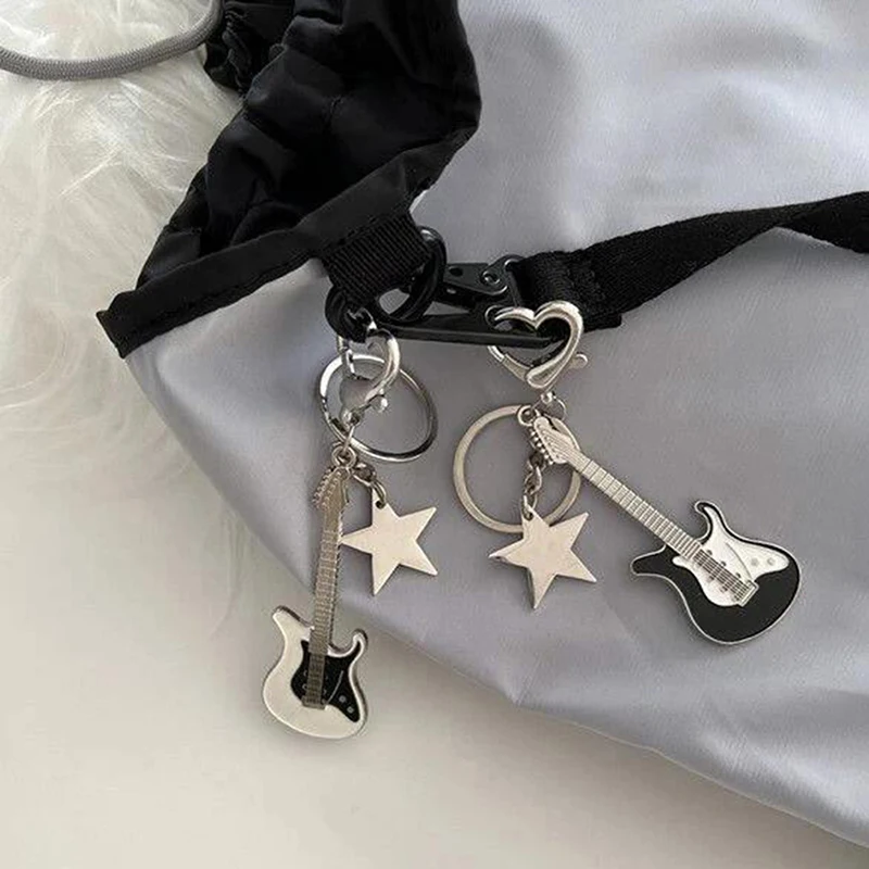 Guitar Love Heart Star Key Chain for Men Women Sweet Cool Trendy Fashion Pendant Keychain Rock Punk Vintage Accessories Gift