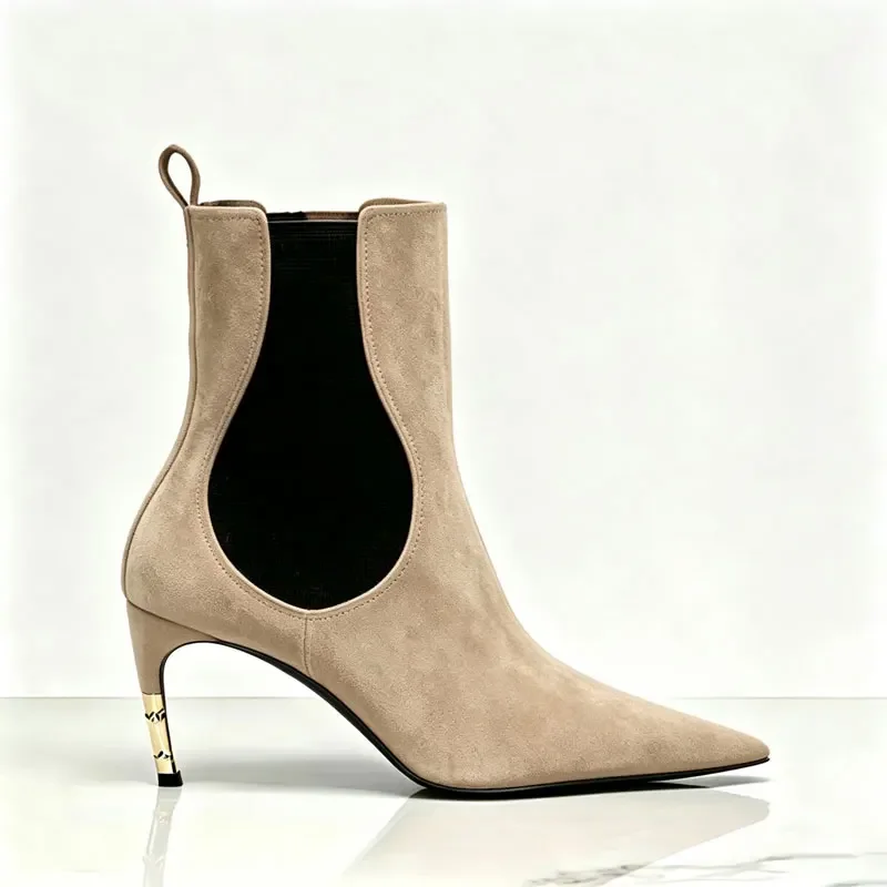 2026 New Low Heel Knee High Boots with Pointed Kitten Heels and Elastic Fabric Autumn and Winter Fashionable Mid Length Boots