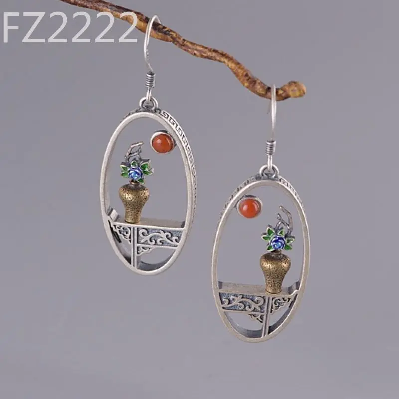 Earrings S925 Silver Retro Fashion Flower Arrangement Guanyin Bottle Antique Style