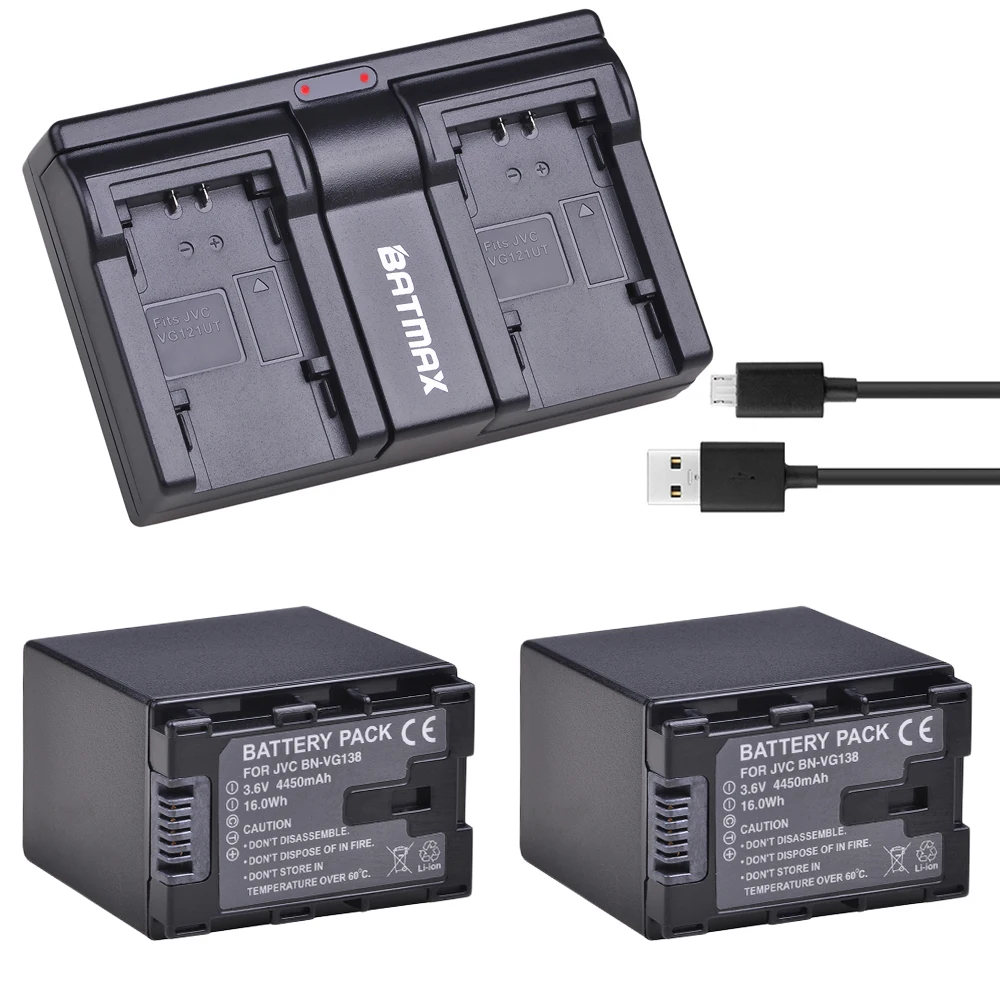 Batmax 4450mAh BN-VG138 BN VG138 Battery with Dual Charger for JVC GZ E10 E100 E245 E265 E565 E575 GX1 G3X G5 GX8 EX210 EX250AC