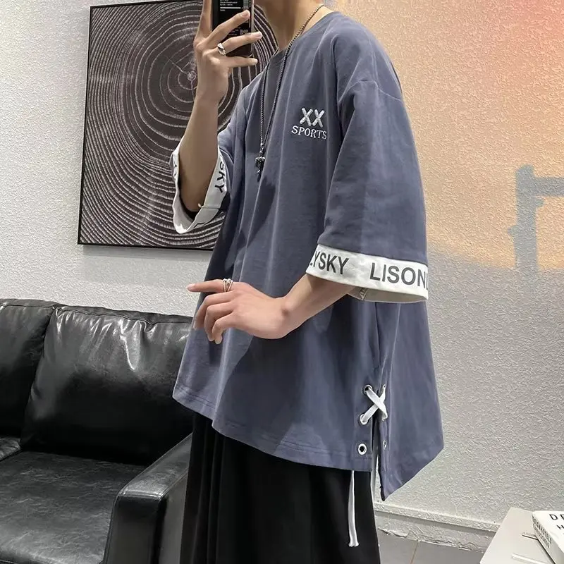 2024 Summer New Men's Pullovers Crew Neck Color Letter Trendy Loose 3/4 Sleeve Preppy Style Irregular Fork Opening T-shirt Top