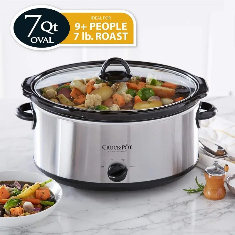 7 Quart Oval Stainless Steel Slow Cooker, Versatile Cookware for Large Families or Entertaining