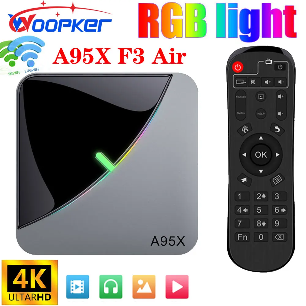 WOOPKER Set Top Box A95X F3 Air RGB Light TV Box Android 9.0 Amlogic S905X3 Smart TV BOX 4GB 64GB Dual Wifi 4K 60fps Media Playe