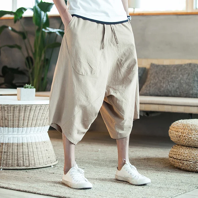 

Pop Men Harajuku Harem Pants 2025 Mens Summer Cotton Linen Joggers Pants Male Vintage Chinese Style Soild Color Calf-lenght Trou