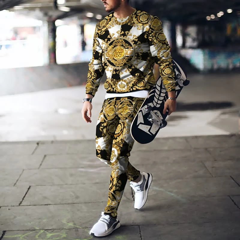 Autumn Fashion Soild Color Long Sleeve T Shirt Tracksuit Men Trousers Set Oversized Sweatpants 2 Piece Suit Sportwear 2PCS Sets