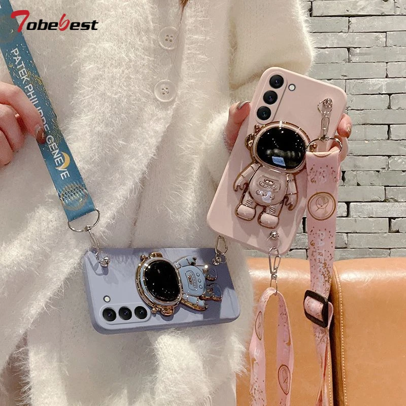 Crossbody Lanyard Astronaut Bracket Phone Holder Case For Samsung Galaxy M55 M54 M53 M14 M34 M33 5G Back Cover