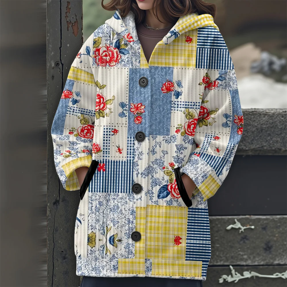 color block stitching Long sweater Floral women's clothing casual women's sweater Patchwork floral patterns Hooded sweater