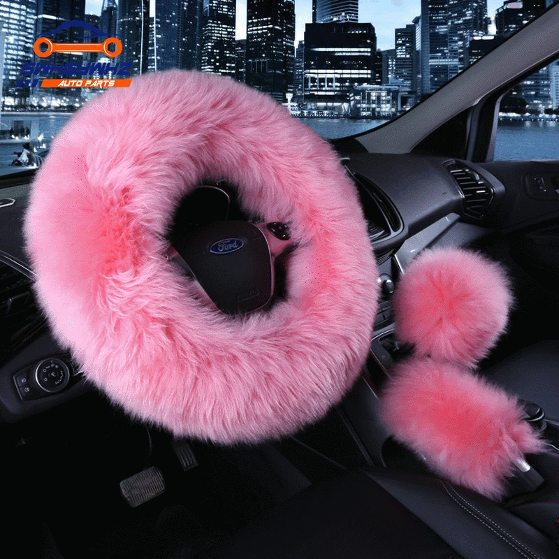 

3pcs/set Winter Car Steering-wheel Cover Long Australian Wool Heated Fur Genuine Leather Steering Wheel Cover