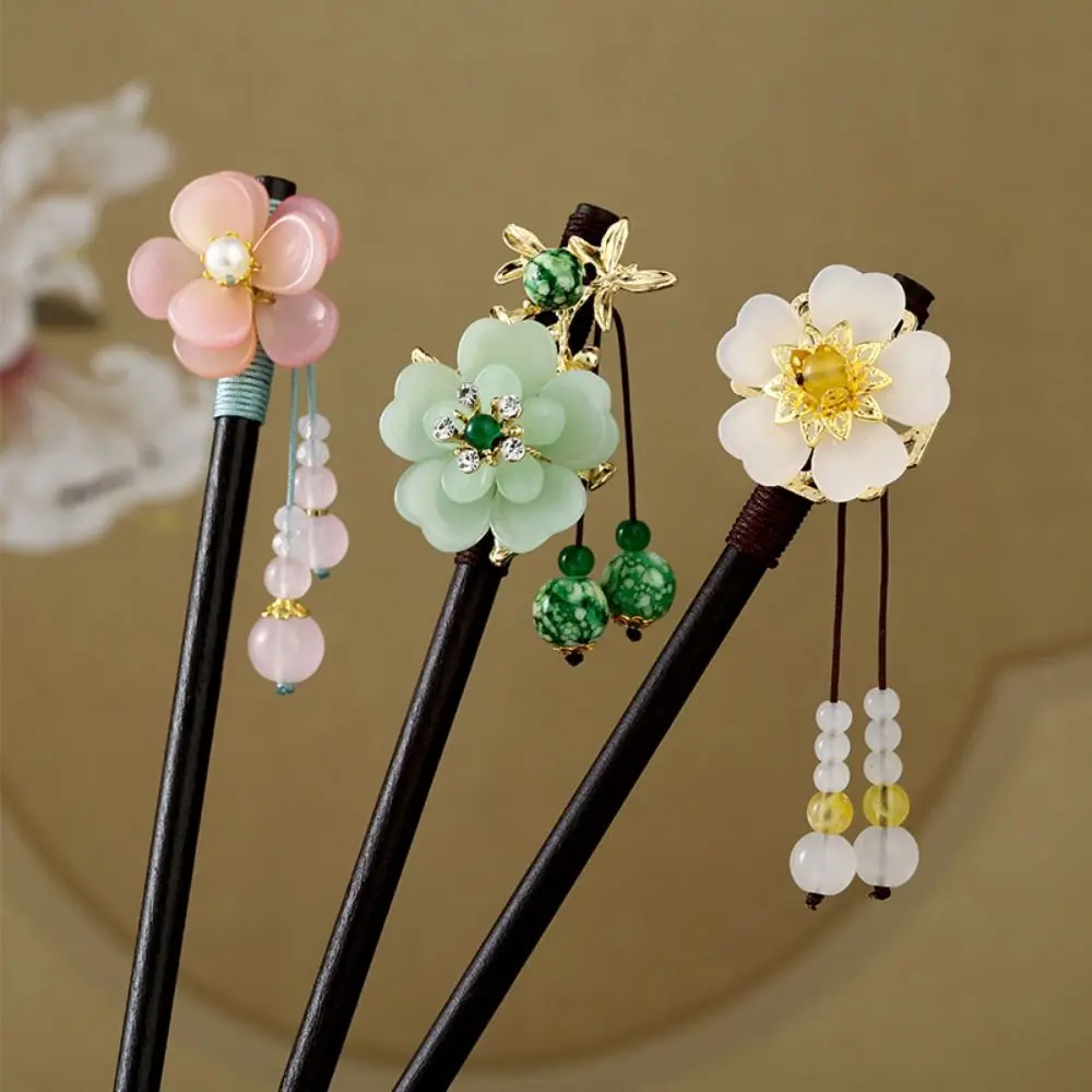 Chinese Style Flower Hair Sticks Retro with Tassel Wooden Hairpin Handmade Hair Fork Hair Chopsticks for Wedding Party