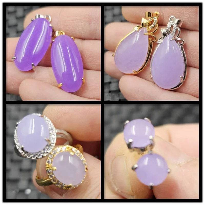 Violet Water Drop Jade Pendant Purple Oval Pendant Diamond-Embedded Open Ring round Stud Earrings Three-Piece Set