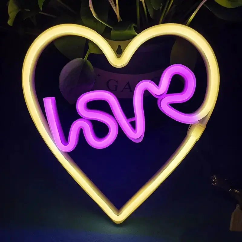 LED Night Light Dual Power Neon Heart Shape USB/Battery Operated Romantic for Home Bedroom Decor Gift Party Lighting Portable